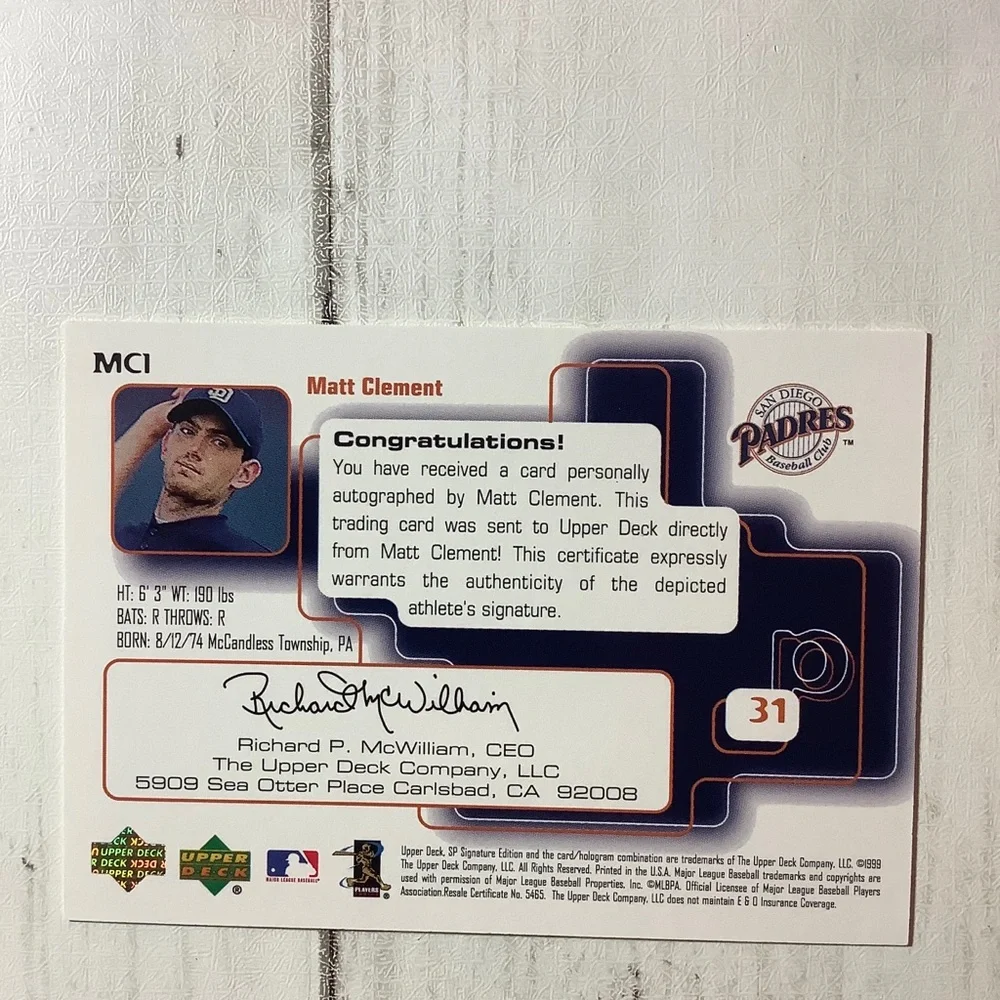 1999 SP Signature Edition - Autographs Matt Clement #MC1